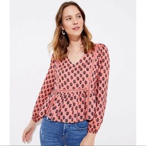 Ann Taylor LOFT Pink Floral Boho Peplum Peasant Blouse